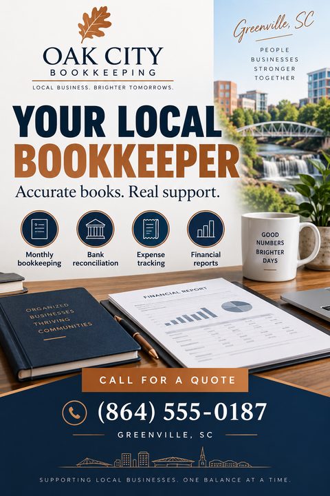 Flyer for Oak City Bookkeeping titled 'Your Local Bookkeeper'. Features a photo of a desk with a financial report, notebook, and coffee mug, plus a smaller photo of a city skyline with a waterfall.