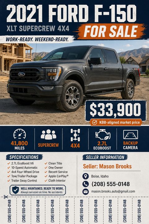 A rugged vehicle for sale flyer featuring a large truck photo, bold navy and orange text, icon-based feature highlights, a specifications list, and tear-off phone number tabs at the bottom.