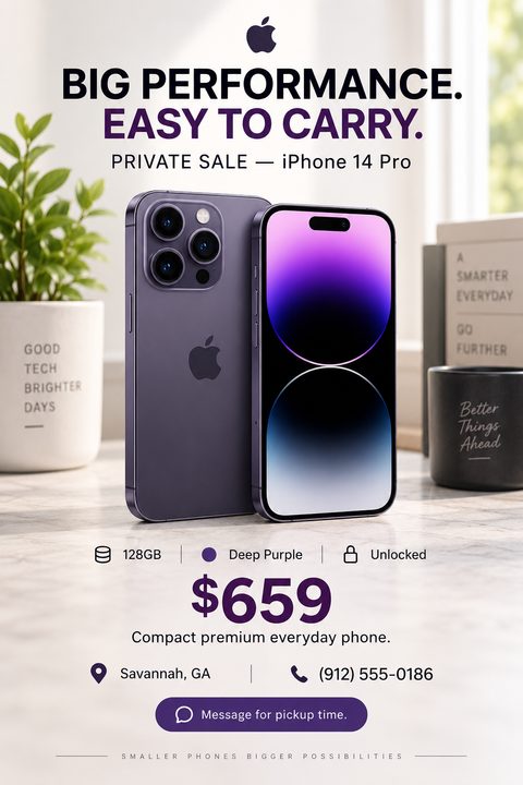 Flyer for a private sale of a purple smartphone. Large text reads 'Big Performance. Easy to Carry.' Features a photo of the phone's front and back, price, specs, and contact info.