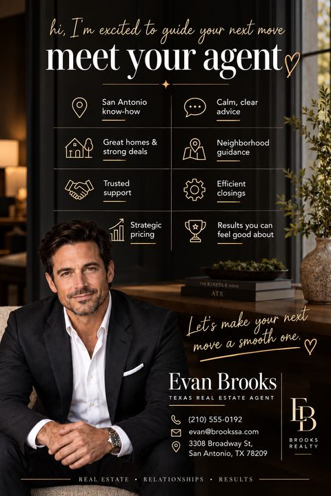 Real estate agent introduction flyer with a dark background, a large portrait of a male agent, gold text and icons highlighting services, and contact information at the bottom.