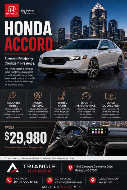 A dark-themed car sales flyer featuring a white sedan against a twilight city skyline. It includes a grid of feature icons, an interior dashboard photo, prominent pricing, and dealership contact information at the bottom.