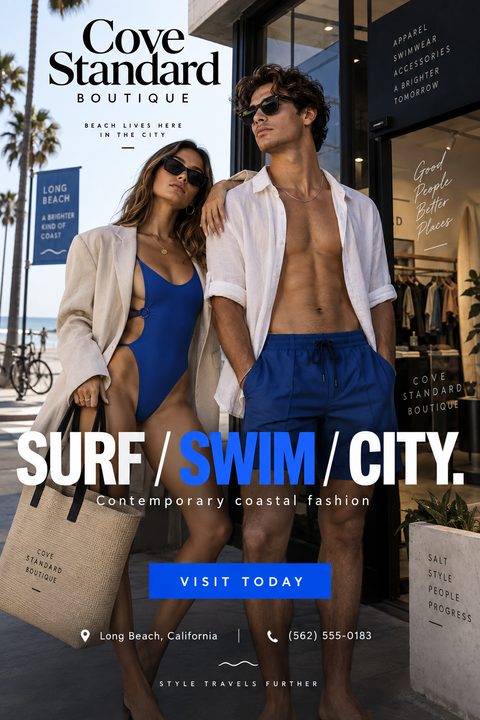 A flyer for a coastal fashion boutique featuring a man and woman in blue swimwear standing outside a store. The text reads 'Surf / Swim / City. Contemporary coastal fashion.'