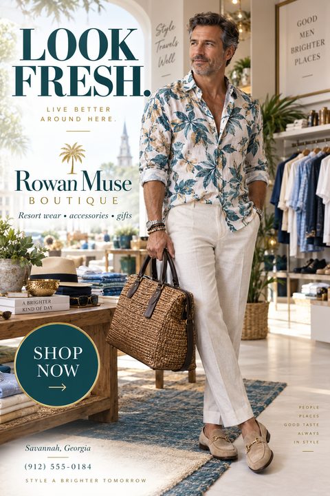 Flyer for a men's boutique featuring a man in a tropical shirt and white pants holding a woven bag, with text 'Look Fresh. Live better around here.' and a 'Shop Now' button.