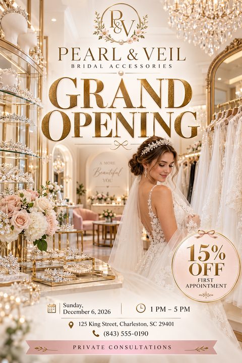 A luxurious grand opening flyer for a bridal boutique featuring a bride in a wedding dress inside an elegant store. Large gold text reads Grand Opening above event details and a discount badge.