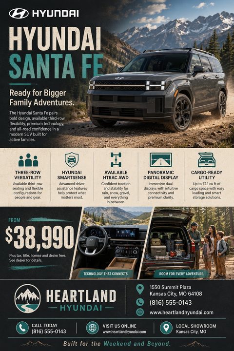 A rugged car sales flyer featuring a dark SUV parked in a mountain landscape, a grid of five vehicle features with icons, a large price tag, and interior and family adventure photos.