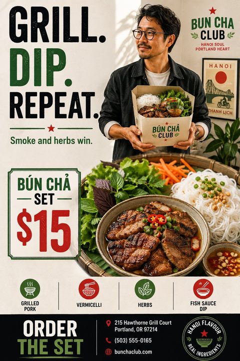 A flyer for a Vietnamese takeaway featuring a man holding a takeout box, a large bowl of grilled pork and noodles, bold text reading 'GRILL. DIP. REPEAT.', and a $15 price tag.