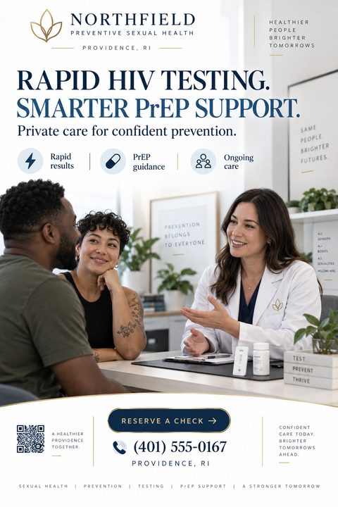 A flyer for a sexual health clinic featuring a photo of a doctor consulting with a couple. Text highlights rapid HIV testing and PrEP support, with icons for rapid results, PrEP guidance, and ongoing care.