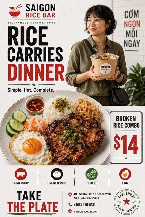 A takeaway food flyer featuring a large photo of a Vietnamese broken rice dish with pork chop and egg, alongside a woman holding a takeout bowl. The design uses off-white, red, and green.