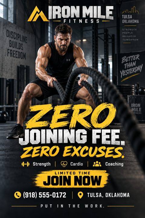 A gym flyer featuring a muscular man using battle ropes. Bold yellow and white text reads 'Zero Joining Fee. Zero Excuses.' with a 'Join Now' button and contact information at the bottom.