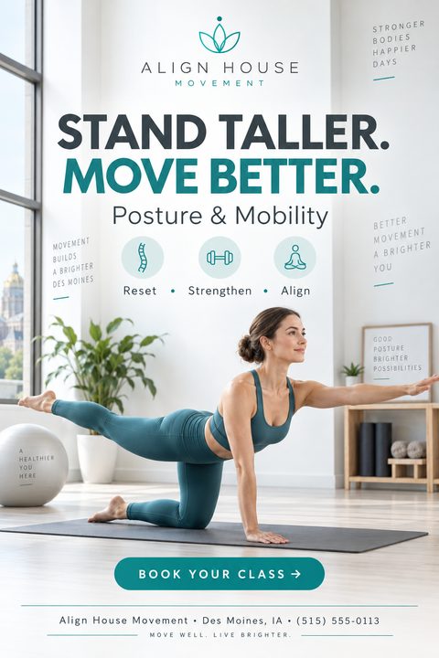 A woman in teal activewear performs a yoga pose on a mat in a bright studio. Text reads 'Stand Taller. Move Better. Posture & Mobility' with icons for Reset, Strengthen, and Align.