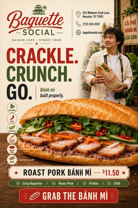 Flyer for Baguette Social Saigon Cafe. Features a large photo of a banh mi sandwich with lines pointing to ingredients like coriander, chilli, cucumber, pickled carrot, roast pork, and pate. Text reads 'Crackle. Crunch. Go. Banh mi built properly.'
