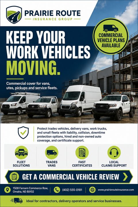 Flyer for Prairie Route Insurance Group promoting commercial vehicle plans. Features a photo of four white work vans and trucks parked in front of an industrial building. Text reads 'Keep your work vehicles moving.' Includes icons for fleet.
