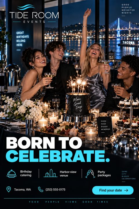 Flyer for an event venue showing a group of friends celebrating a birthday at night with a harbor view in the background. Text reads 'Born to Celebrate.'