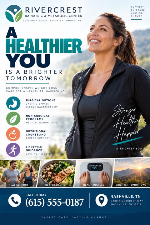 Flyer for a bariatric and metabolic center featuring a smiling woman outdoors. Text reads 'A Healthier You is a Brighter Tomorrow'. Icons list surgical options, non-surgical programs, nutritional counseling, and lifestyle guidance. Four smaller.