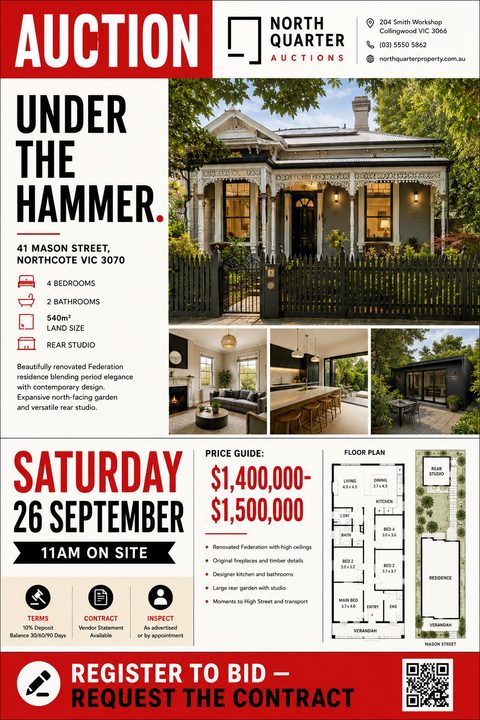A bold real estate auction flyer featuring a large red AUCTION header, a grid of four property photos, property details, a floor plan, auction date and time, and a price guide.