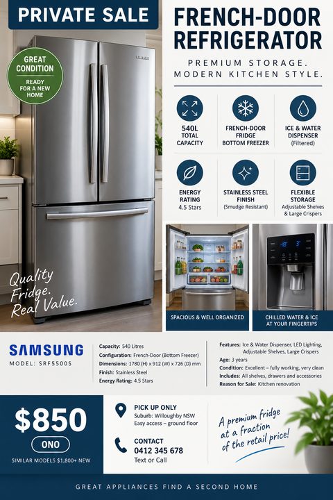 Flyer for a private sale of a French-door refrigerator. Features a large photo of the fridge, a grid of icons highlighting features like capacity and energy rating, smaller photos of the interior and dispenser, and sections for specifications, price.
