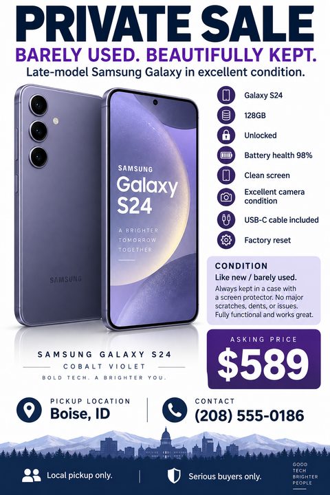 A flyer for a private sale of a smartphone. It features a large image of a purple smartphone, a list of specifications, the asking price of $589, and contact information.