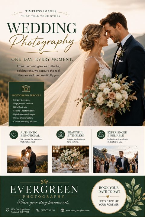 Wedding photography flyer template with a large photo of a bride and groom, a list of services, three smaller portfolio photos, and contact information at the bottom.