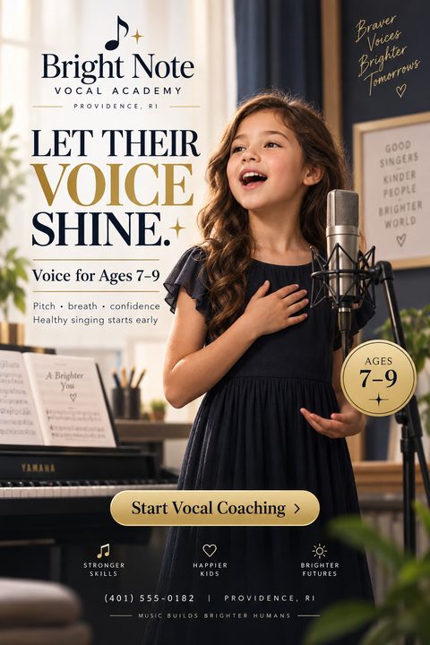 Flyer for Bright Note Vocal Academy with a photo of a young girl singing into a microphone. Text reads 'Let their voice shine. Voice for Ages 7-9.' with gold accents.