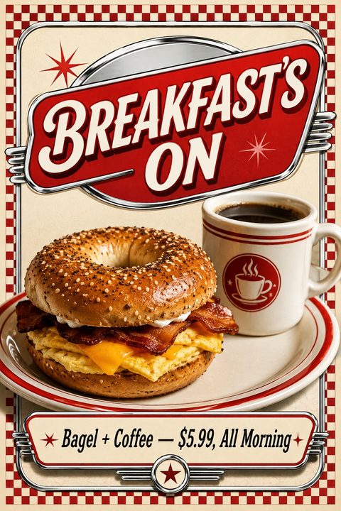 A retro-style flyer with a red and white checkered border. The main image shows a bacon, egg, and cheese bagel next to a mug of black coffee. Text reads 'Breakfast's On' and 'Bagel + Coffee - $5.99, All Morning'.