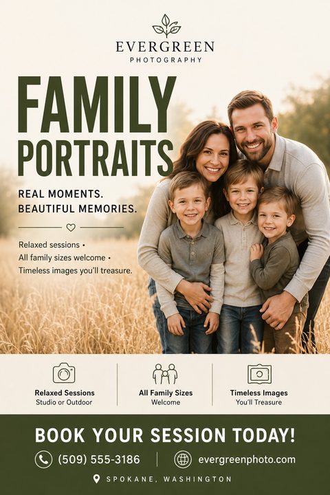 Flyer for family portraits featuring a large photo of a smiling family of five in a field, with text 'Family Portraits' in large green letters and service details below.