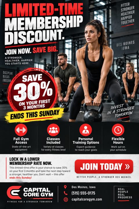 Gym membership discount flyer featuring a woman lifting a kettlebell, with bold red text offering 30% off the first 3 months and icons for gym access, classes, personal training, and flexible hours.