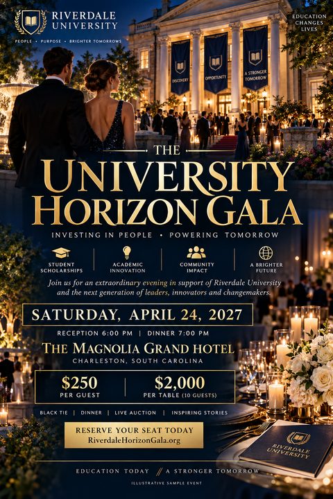 A formal fundraising gala flyer featuring a couple in evening wear looking toward a grand, illuminated building at twilight. The text is elegant with gold accents, detailing event information, ticket prices, and a call to action.