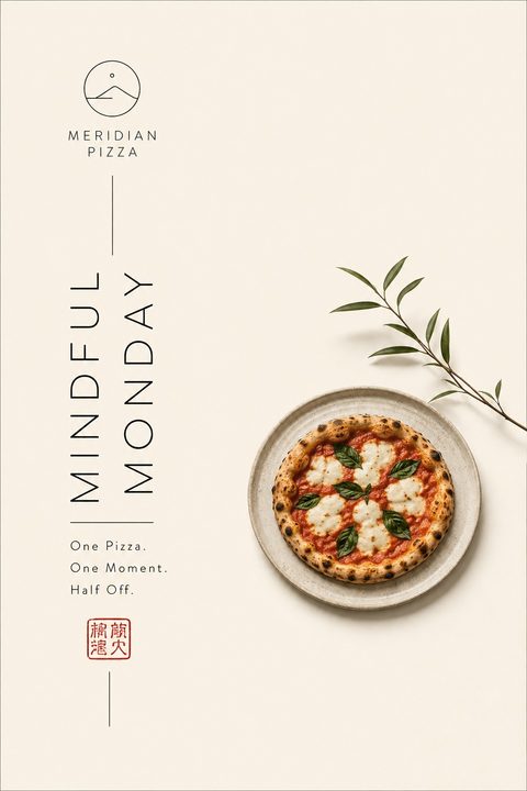 A minimalist flyer with an off-white background. On the right, a margherita pizza on a speckled plate next to a leafy sprig. On the left, elegant vertical text reads 'Mindful Monday'.