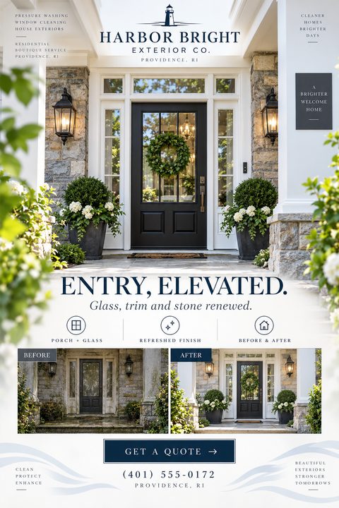 A flyer for exterior cleaning services featuring a large photo of a pristine front porch, followed by smaller before and after photos of the same porch, with navy blue text and accents.