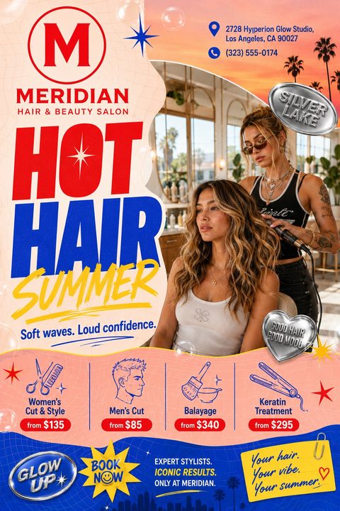 A vibrant Y2K-style hair salon flyer with bold red, blue, and yellow text reading 'Hot Hair Summer'. It features a photo of a stylist curling a client's hair, metallic 3D accents, and a price list with line-art icons.