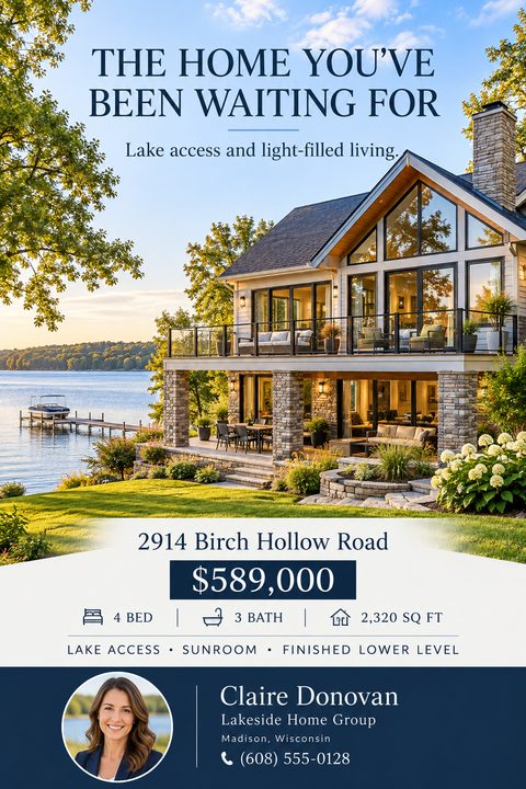 A real estate flyer featuring a large photo of a lakefront house with a deck. Below, on a white and navy background, are the address, price, property details, and real estate agent contact information.