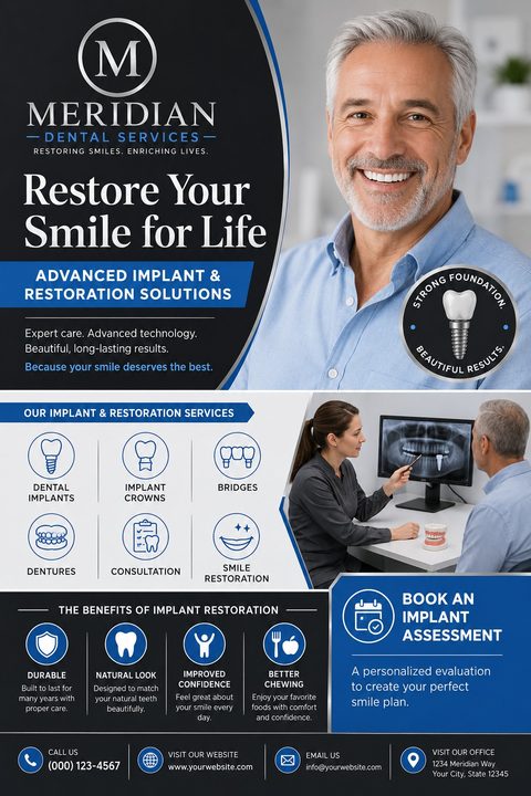 Professional dental flyer featuring a smiling older man, a dark blue curved header, a grid of service icons, and a blue call-to-action box for booking an implant assessment.