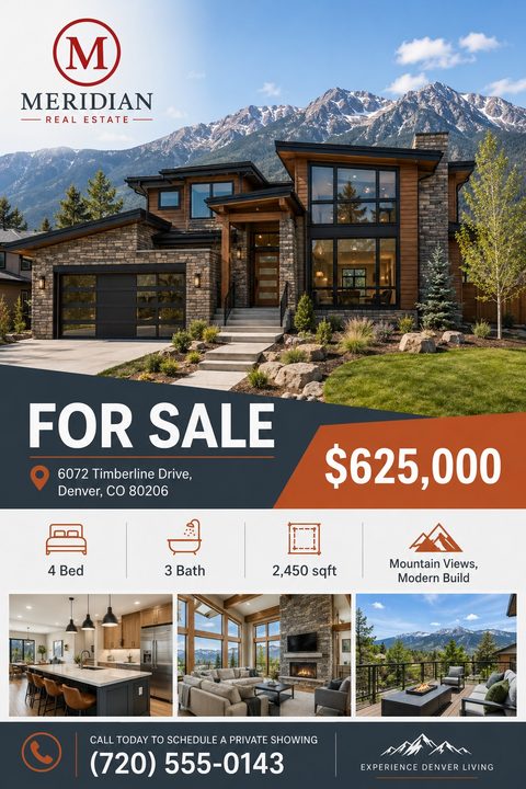 Real estate flyer featuring a large photo of a modern mountain home above navy and orange geometric text blocks. Below are property detail icons and three smaller interior and exterior photos.