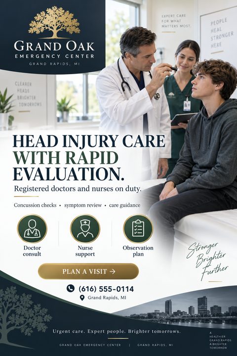 Flyer for an emergency center. Top left has a gold tree logo on navy. Main photo shows a doctor examining a young man's eyes while a nurse looks on. Text reads 'Head injury care with rapid evaluation.' Below are three icons for doctor consult, nurse.