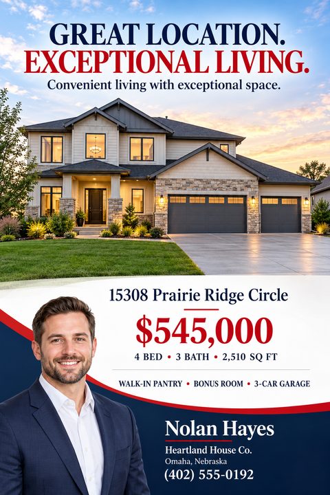 Real estate listing flyer featuring a large photo of a modern house at sunset. Below is the property address, price, and a cutout photo of a real estate agent over navy and red curved graphics.