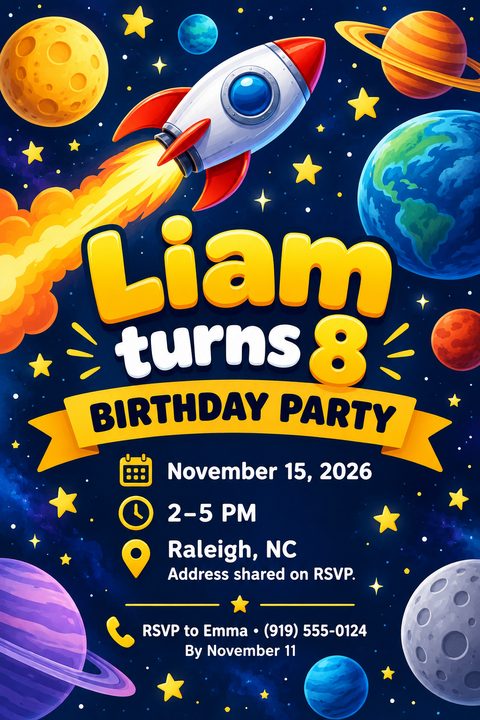 A space-themed birthday party flyer featuring a cartoon rocket ship blasting off among colorful planets and yellow stars against a dark blue galaxy background, with bold yellow event details.