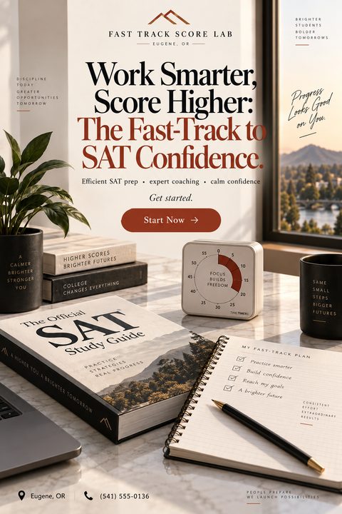 A flyer for SAT prep services featuring a desk with an SAT study guide, a notebook, a timer, and a plant, with text promoting efficient prep and expert coaching.
