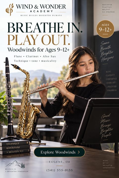 Flyer for Wind & Wonder Academy offering woodwind lessons for ages 9-12+. Features a young girl playing the flute with a clarinet and saxophone on a table nearby. Text reads 'Breathe In. Play Out.'
