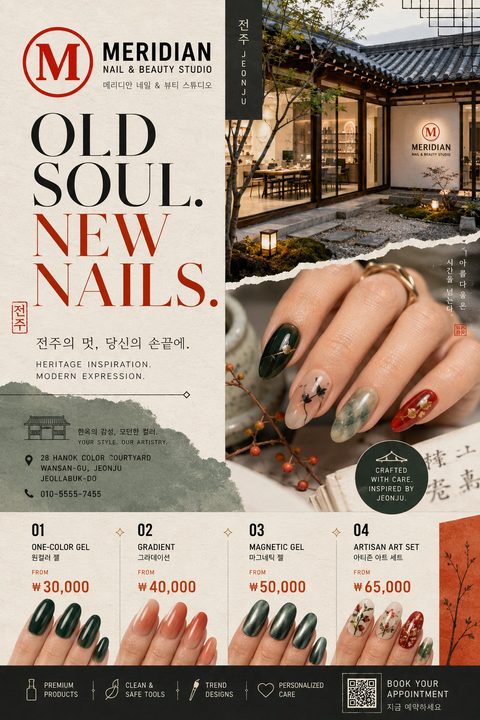 Elegant nail studio flyer with a heritage theme. Features a photo of a traditional building, a close-up of intricate nail art, and a price list for gel services at the bottom.