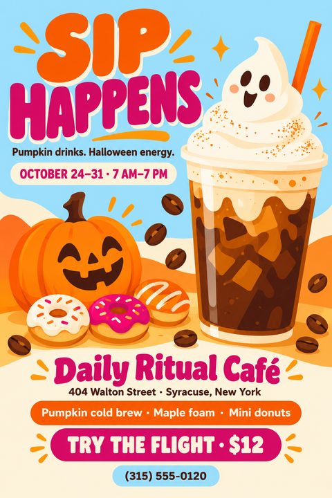 A bright, illustrative flyer for a cafe's Halloween special. It features a large iced coffee topped with ghost-shaped whipped cream, a smiling jack-o'-lantern, mini donuts, and scattered coffee beans against a light blue background.