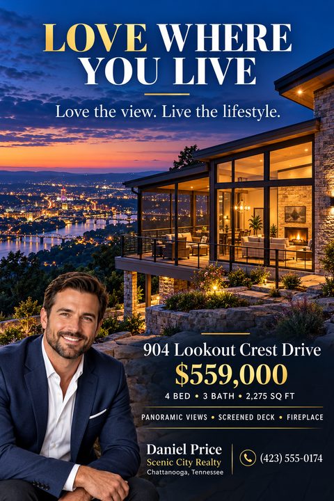 A luxury real estate flyer featuring a modern home with a screened deck overlooking a city at twilight. It includes elegant gold text, property details, and a portrait of a smiling real estate agent.