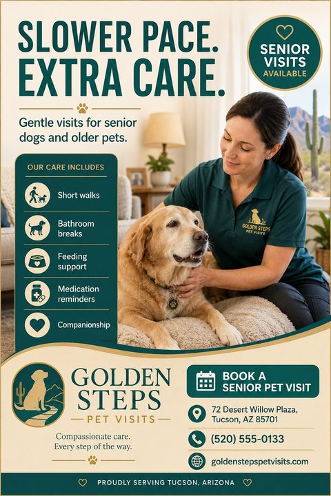 Flyer for Golden Steps Pet Visits offering gentle visits for senior dogs and older pets. Features a woman petting a golden retriever and a list of services like short walks and medication reminders.