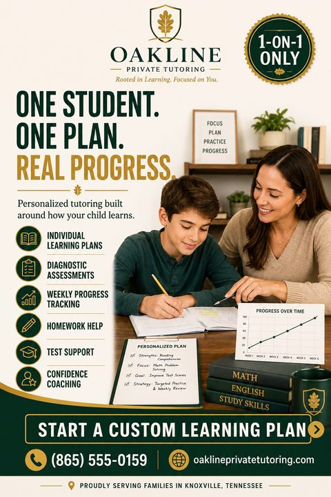 A flyer for Oakline Private Tutoring, featuring a photo of a tutor helping a student with their homework. The flyer lists services such as individual learning plans, diagnostic assessments, and homework help.