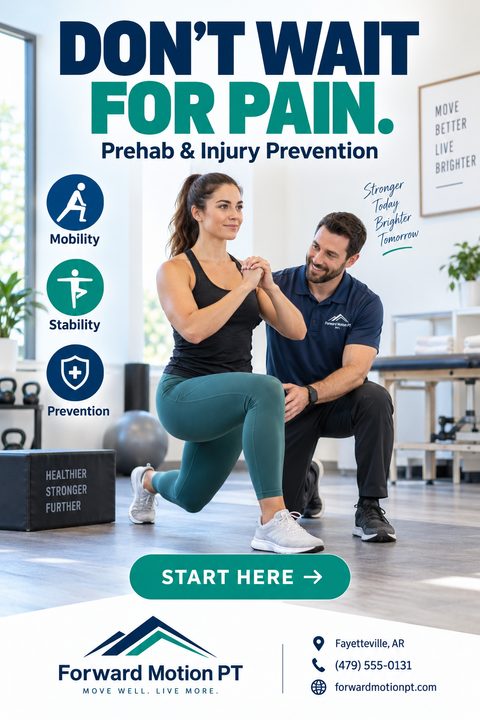 Physical therapy flyer template with a large photo of a therapist assisting a woman with a lunge exercise. Bold text reads 'Don't wait for pain. Prehab & Injury Prevention'. Icons highlight mobility, stability, and prevention.