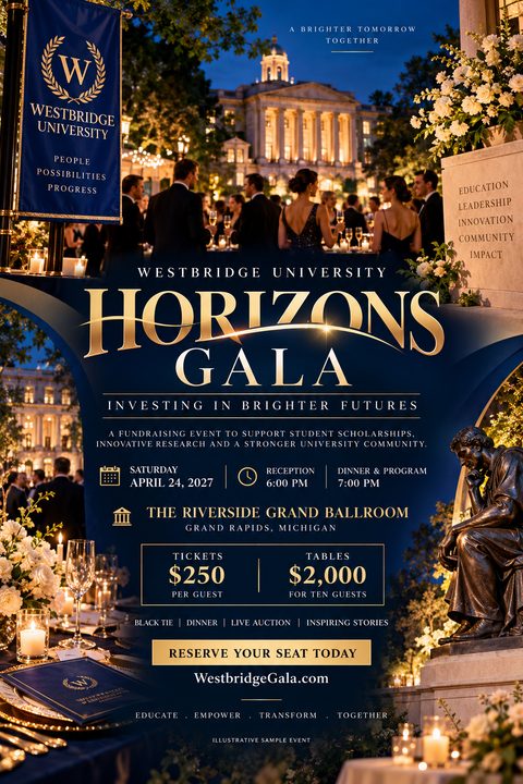 A formal gala fundraising flyer with a navy blue background and gold text. The top half shows a photo of people in formal wear at an outdoor evening event in front of a grand building. The bottom half has event details, ticket prices, and a photo of.