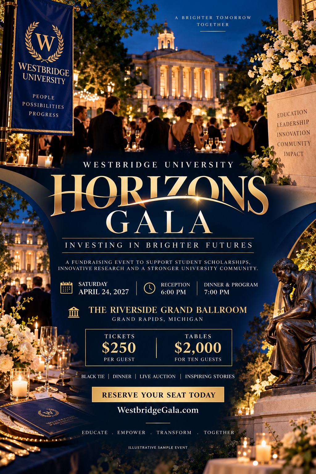 A formal gala fundraising flyer with a navy blue background and gold text. The top half shows a photo of people in formal wear at an outdoor evening event in front of a grand building. The bottom half has event details, ticket prices, and a photo of.