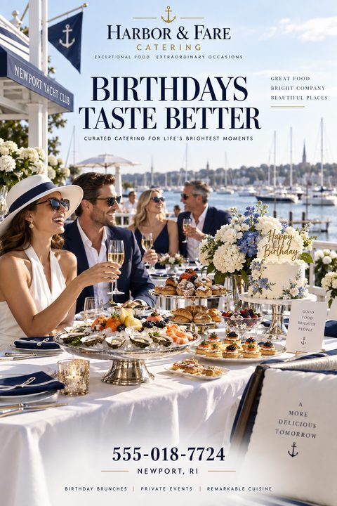 A sophisticated catering flyer featuring a group of elegantly dressed people enjoying a lavish birthday brunch at a waterfront yacht club, with a large spread of seafood, pastries, and a birthday cake.