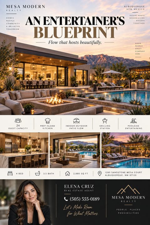 A real estate flyer featuring a large photo of a modern desert home with a pool at sunset. Below are three smaller photos of the interior and exterior, property details, and an agent's contact information.