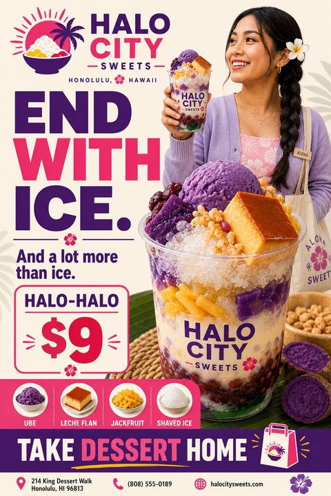 A vibrant flyer for a dessert shop featuring a large photo of a colorful shaved ice dessert. A smiling woman holds a smaller version. Bold pink and purple text reads 'End with ice.'