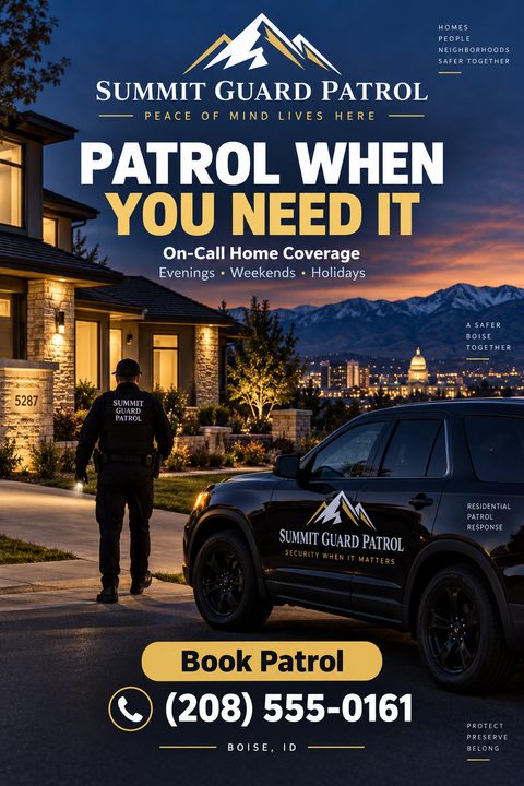 Flyer for a security patrol service showing a security guard walking towards a modern house at dusk, with a branded patrol vehicle parked in the foreground. Text reads 'Patrol When You Need It'.